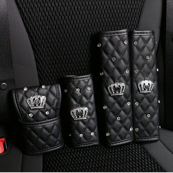 4PC Crown Leather Crystal Diamond Rhinestones Car Accessories - Picture 7 of 8